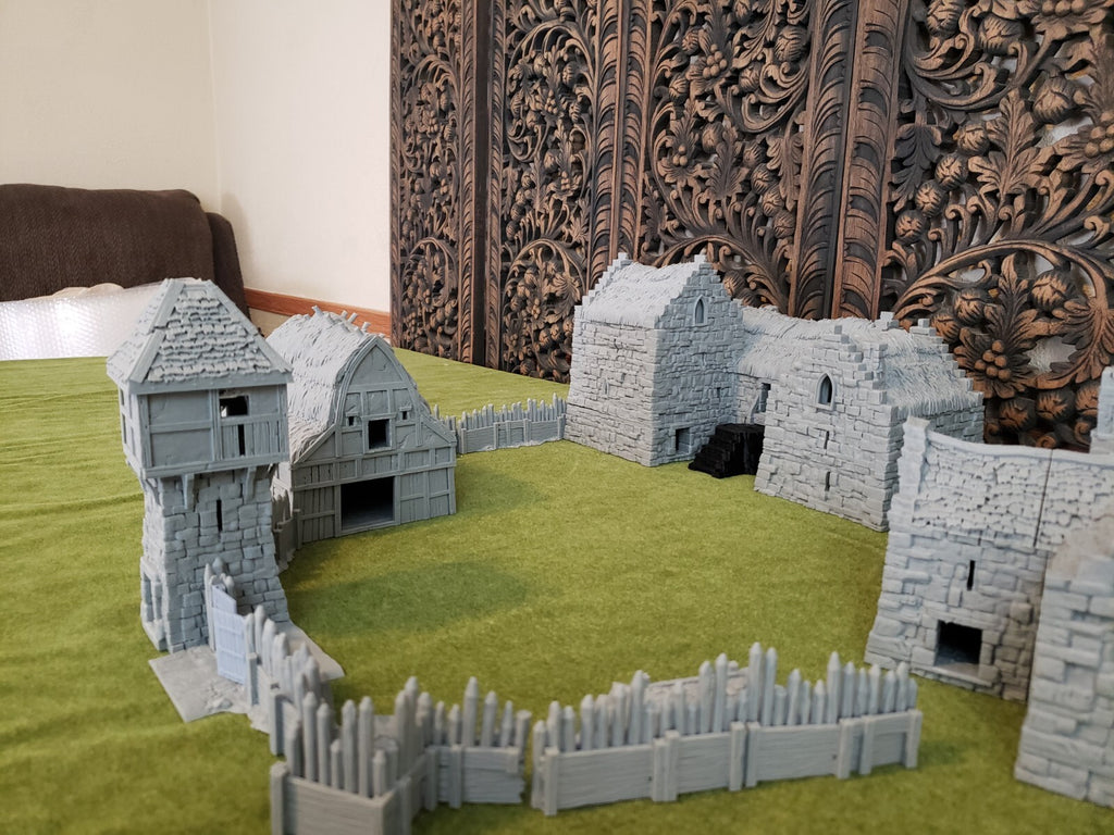 Manor Houses, Guard Tower, and Barn - Medieval Hamlet Terrain - Fantasy Village
