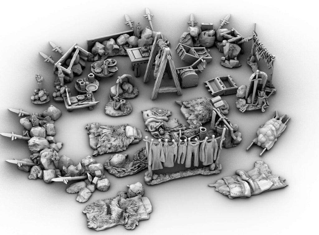 Dungeon Campground Terrain- Dwarven Camp Accessories -Cots, Skins, Miscellaneous
