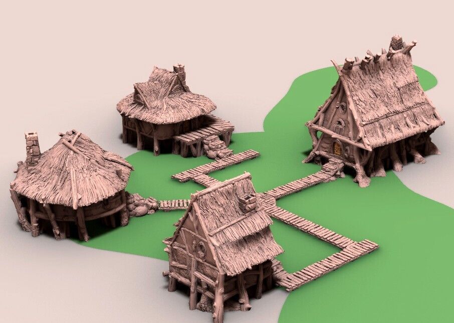 Halfling Swamp Village with Wood Plank Walkway - Thatch Huts Hamlet -