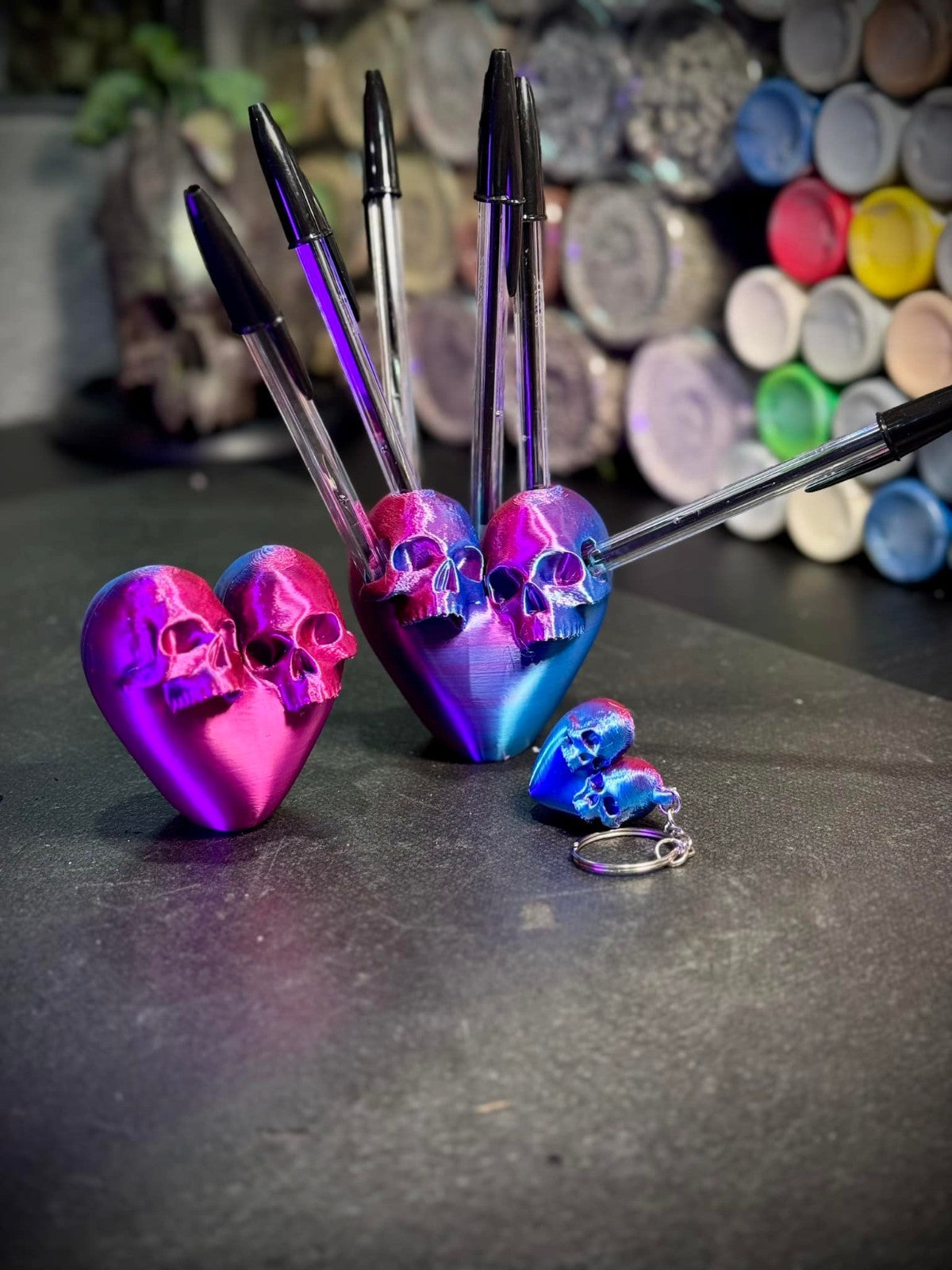 Skull Heart Figurine - Pen Holder and Keychain- Valentines Day Gifts (unpainted)