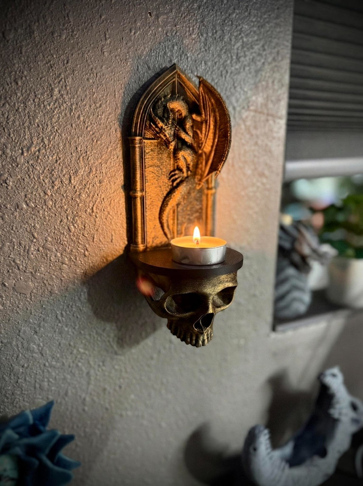 Gothic Skull and Dragon Wall Shelf - Gothic Decor (unpainted)