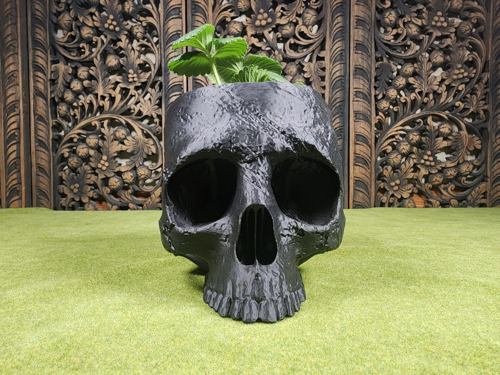 3D Printed Stone Skull Garden Planter - Stone Carved Skull Planter (unpainted)
