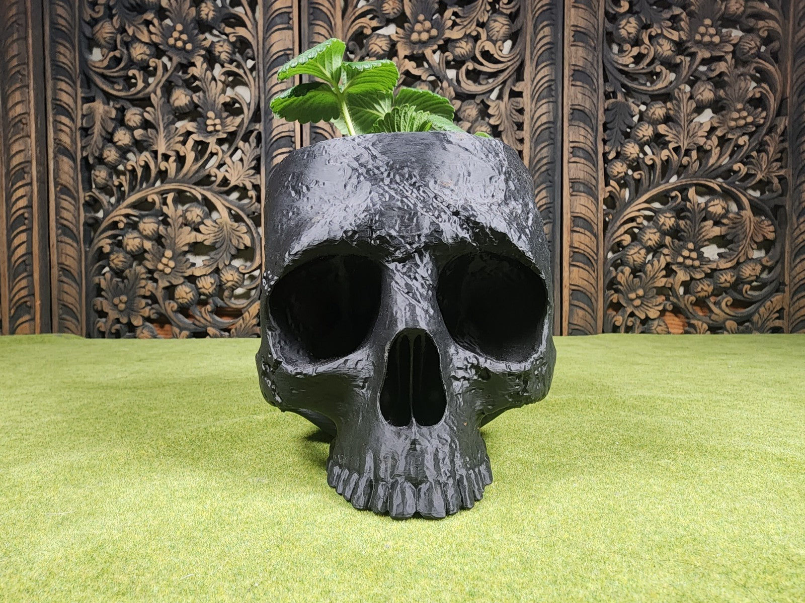 3D Printed Stone Skull Garden Planter - Stone Carved Skull Planter (unpainted)