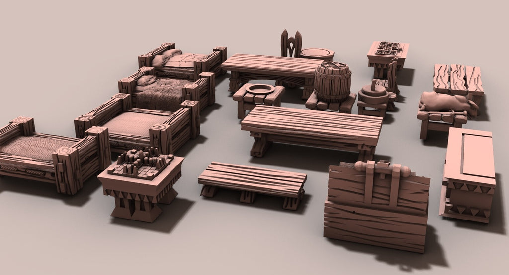 Halfling Furniture Set - Dwarven Tables - Wood Pieces - Mini Decor for Buildings