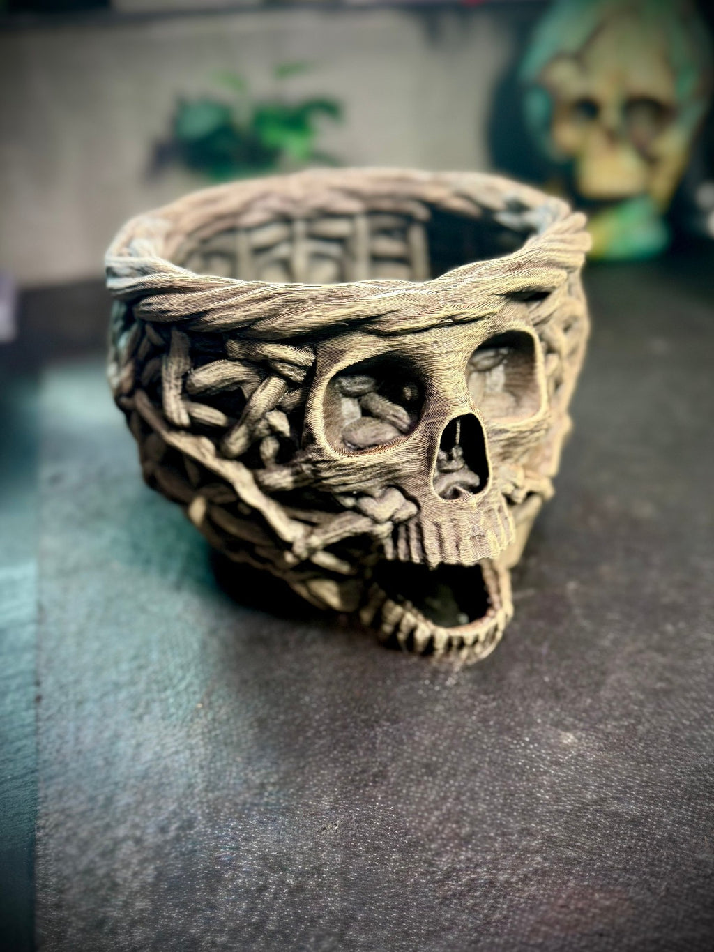3D Printed Skull Style Weaved Basket - Decorative Desk Topper (unpainted)