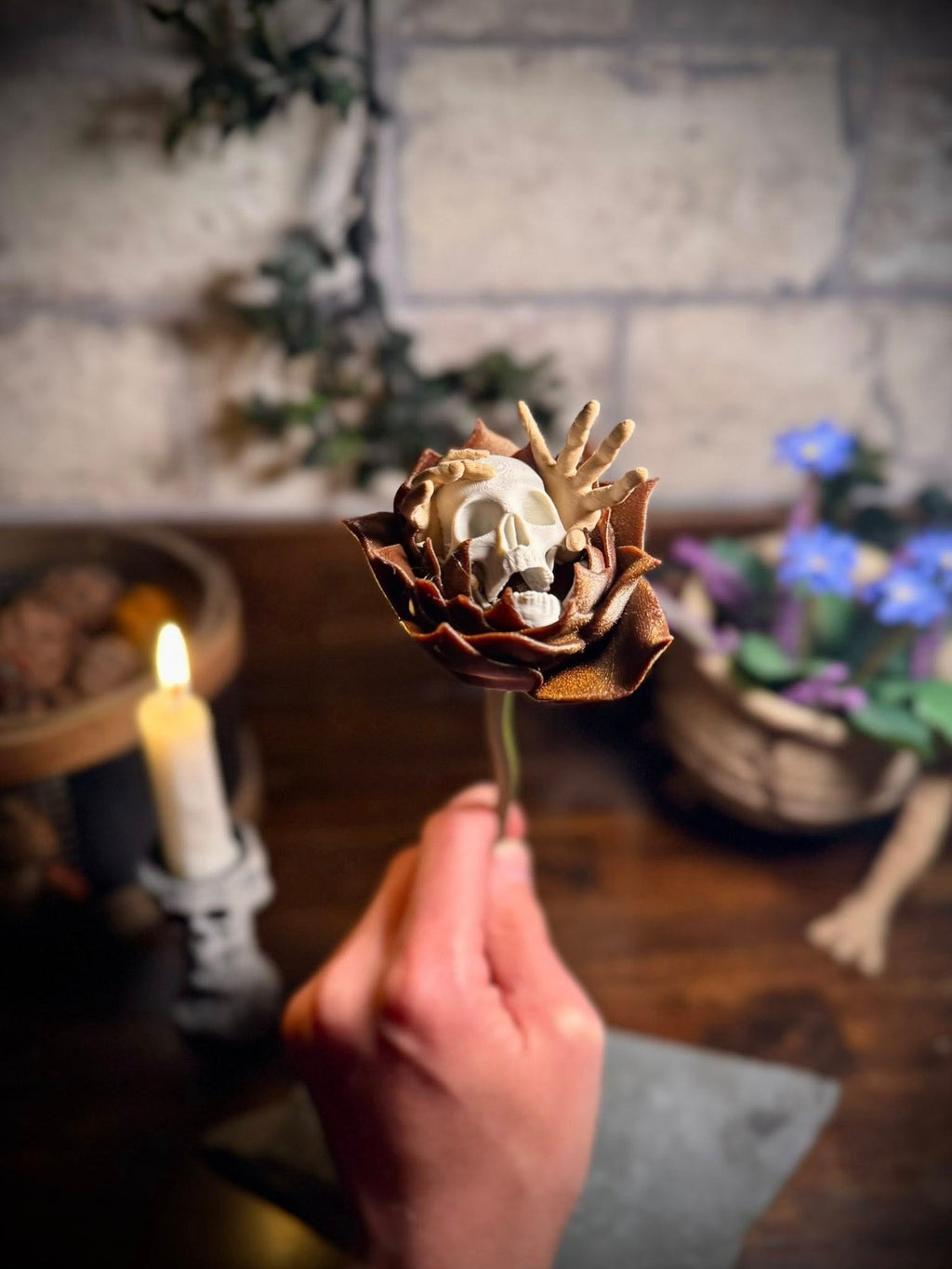 Rose with Fingers Grasping Skull - Halloween Spooky Art (unpainted)