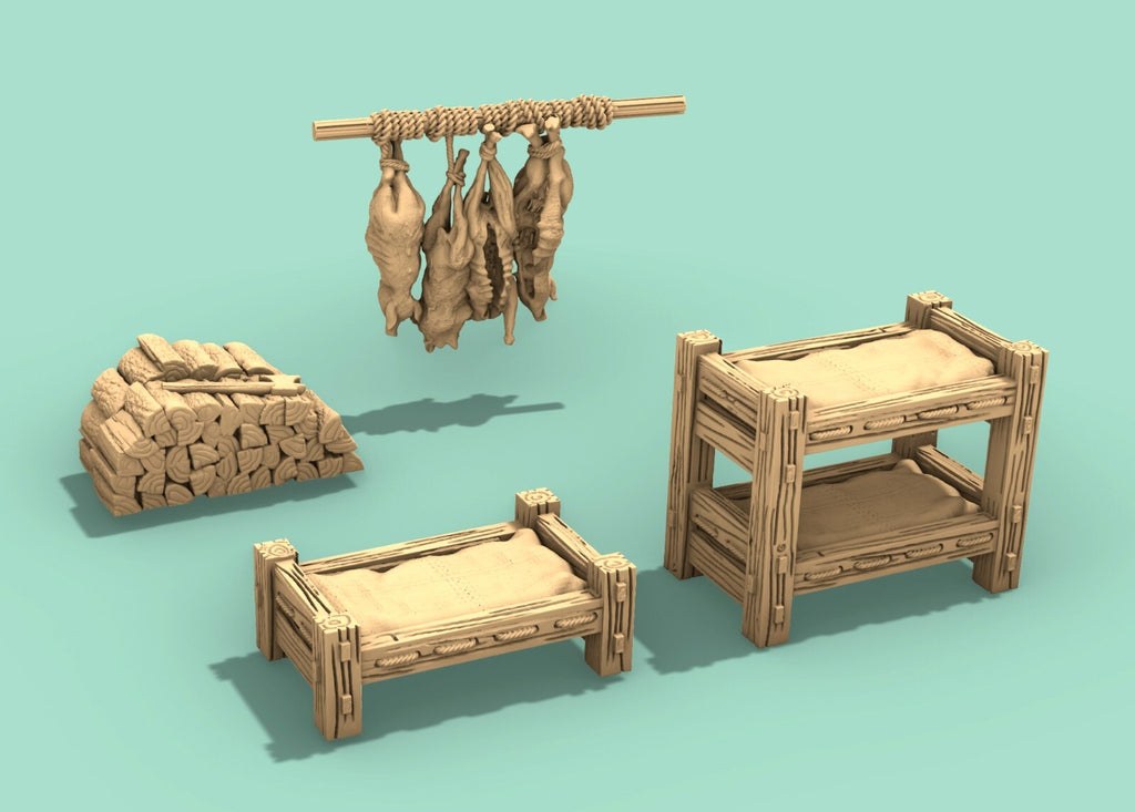 Common Interior Set - Kitchen Food Racks - Timber Tables Cotts Beds Armory