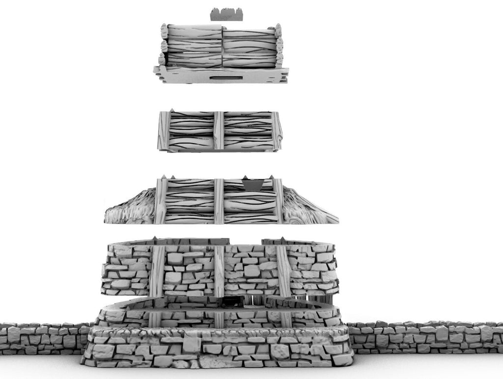 Primitive Mill and Watch Tower Terrain - Outpost with adjoined Stone Walls
