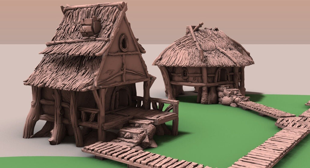 Halfling Swamp Village with Wood Plank Walkway - Thatch Huts Hamlet -