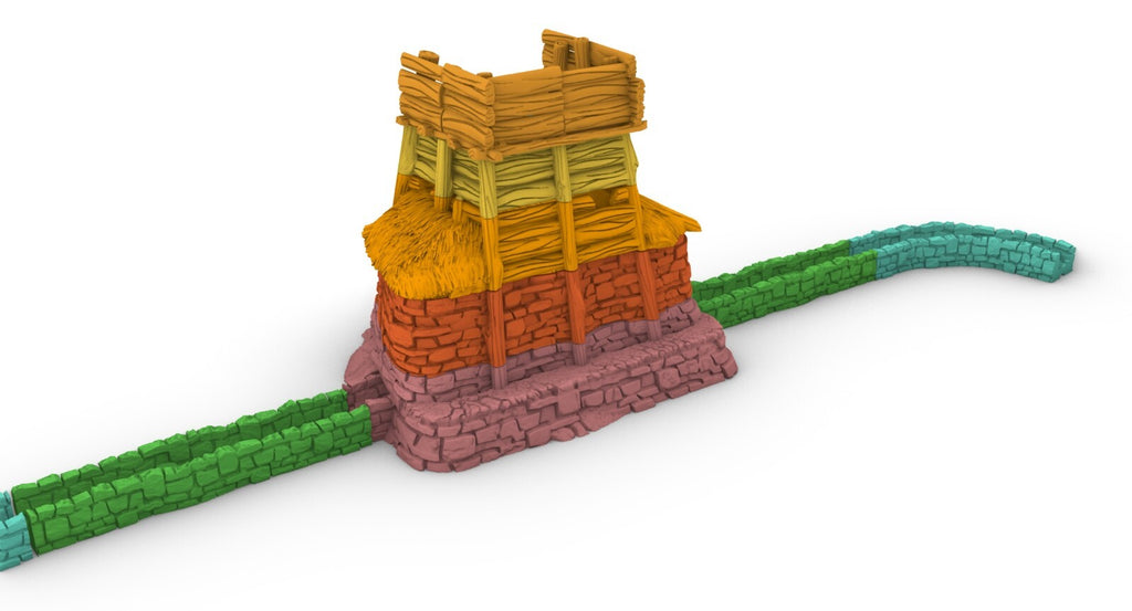 Primitive Mill and Watch Tower Terrain - Outpost with adjoined Stone Walls