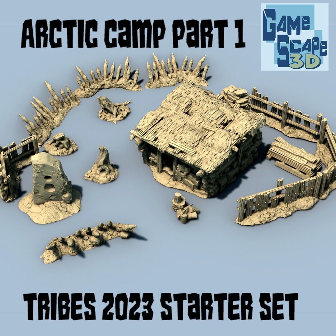 Arctic Camp Tribes Set - Thatch Roof Wood Home, Palisade, Rock Formation, Fence