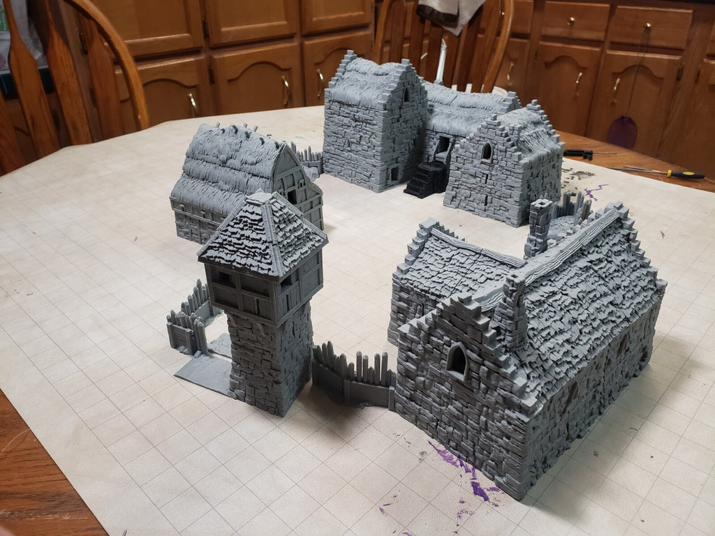 Manor Houses, Guard Tower, and Barn - Medieval Hamlet Terrain - Fantasy Village