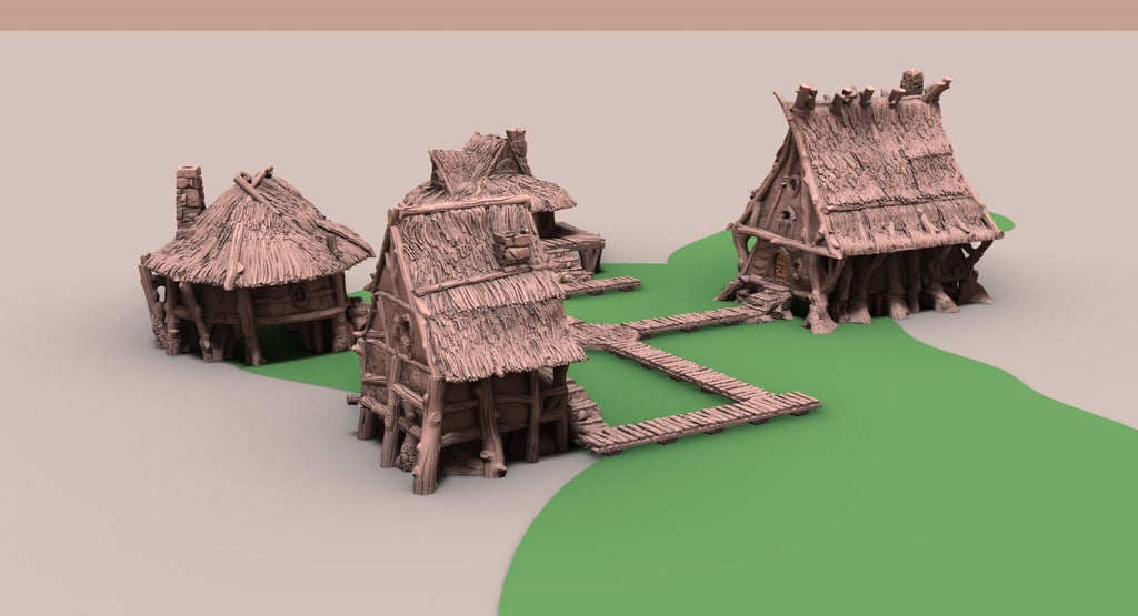 Halfling Swamp Village with Wood Plank Walkway - Thatch Huts Hamlet -