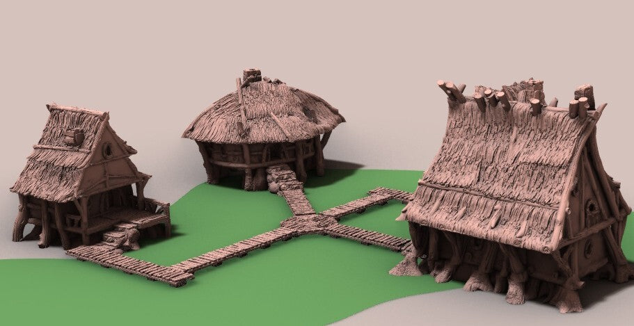 Halfling Swamp Village with Wood Plank Walkway - Thatch Huts Hamlet -