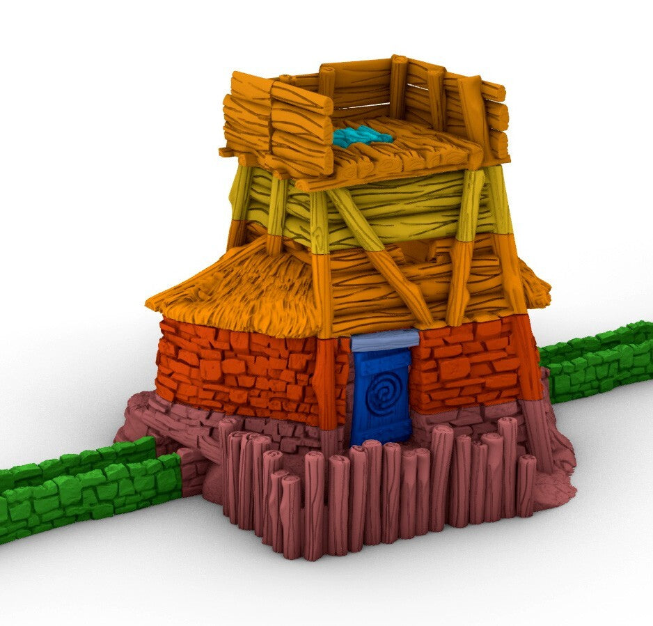 Primitive Mill and Watch Tower Terrain - Outpost with adjoined Stone Walls