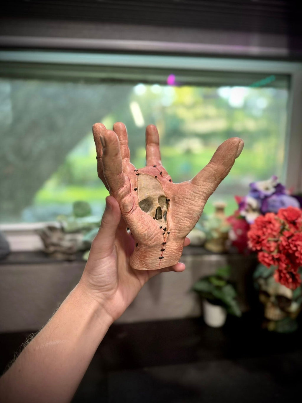 Severed Hand Costume Prop - Skull in Palm - Scary Halloween Decor (unpainted)