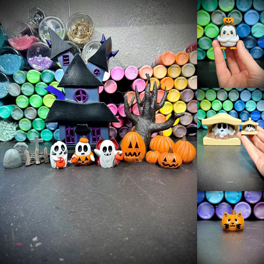 Cute Halloween Bundle - Chibi Pumpkins, Ghosts, and Haunted House (unpainted)