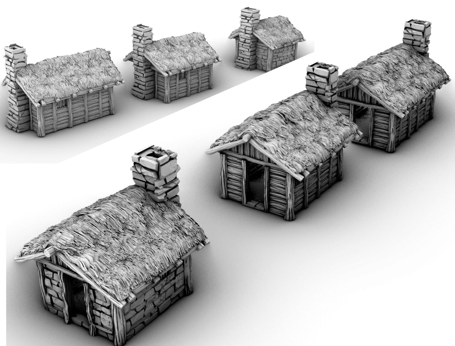 6 Small Shacks with Thatch Roof Terrain - Chimney House Neighborhood -