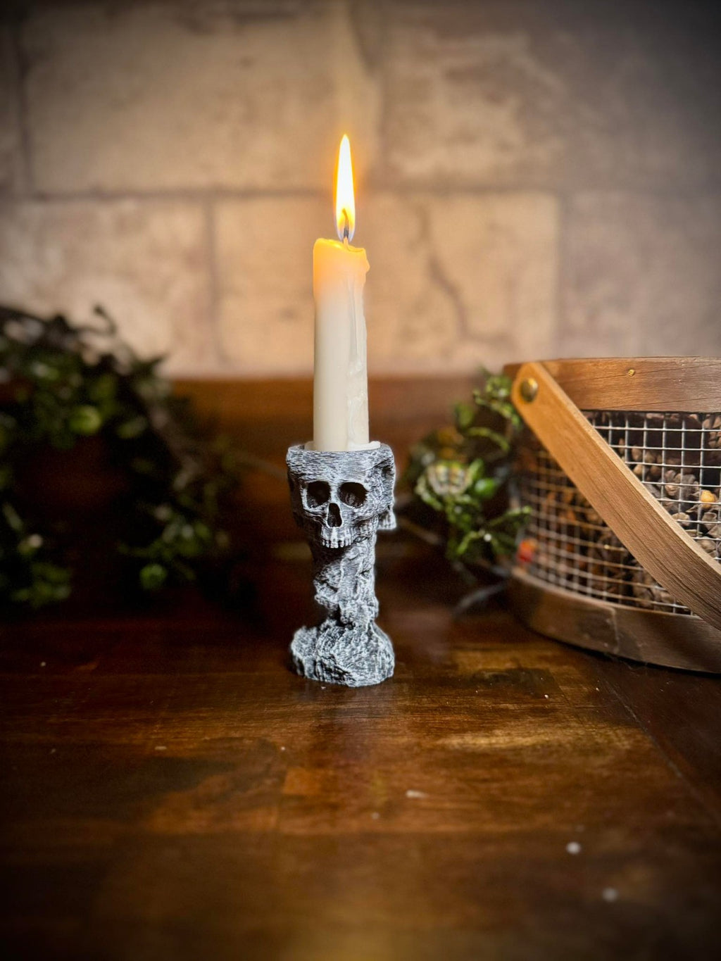 Skull and Stone Candlestick Holder - Witch's Candle - Halloween Decor (unpainted)
