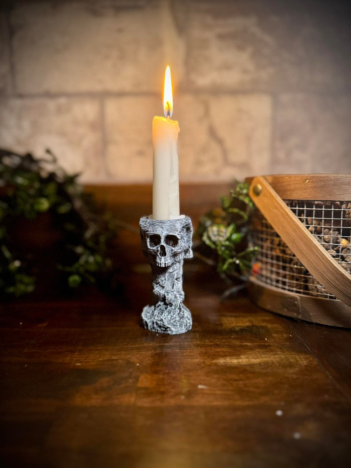 Skull and Stone Candlestick Holder - Witch's Candle - Halloween Decor (unpainted)