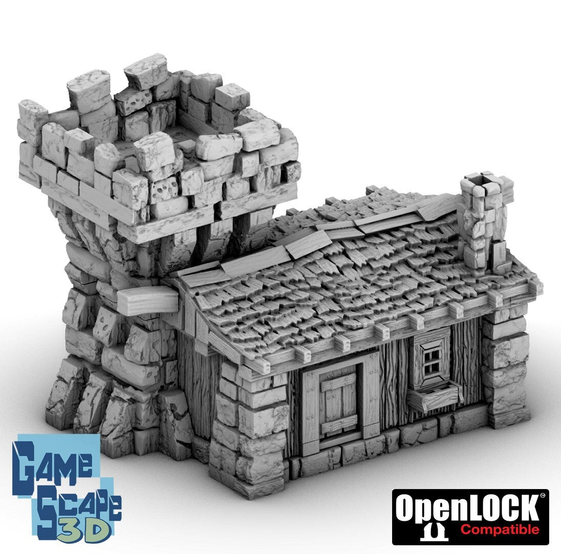 House with Tower terrain - Small Cabin and Watch  - Stone Structure with Chimney