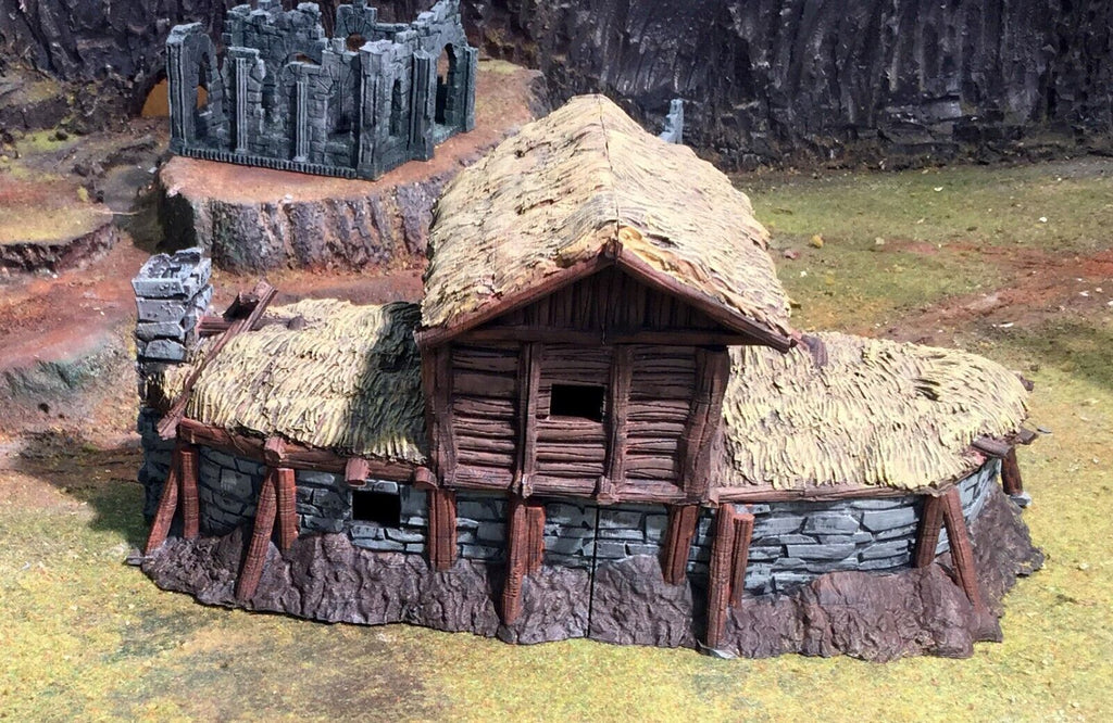 Large Peasant or Celtic Long House - Big Multi Layered Thached Roof Stone Home