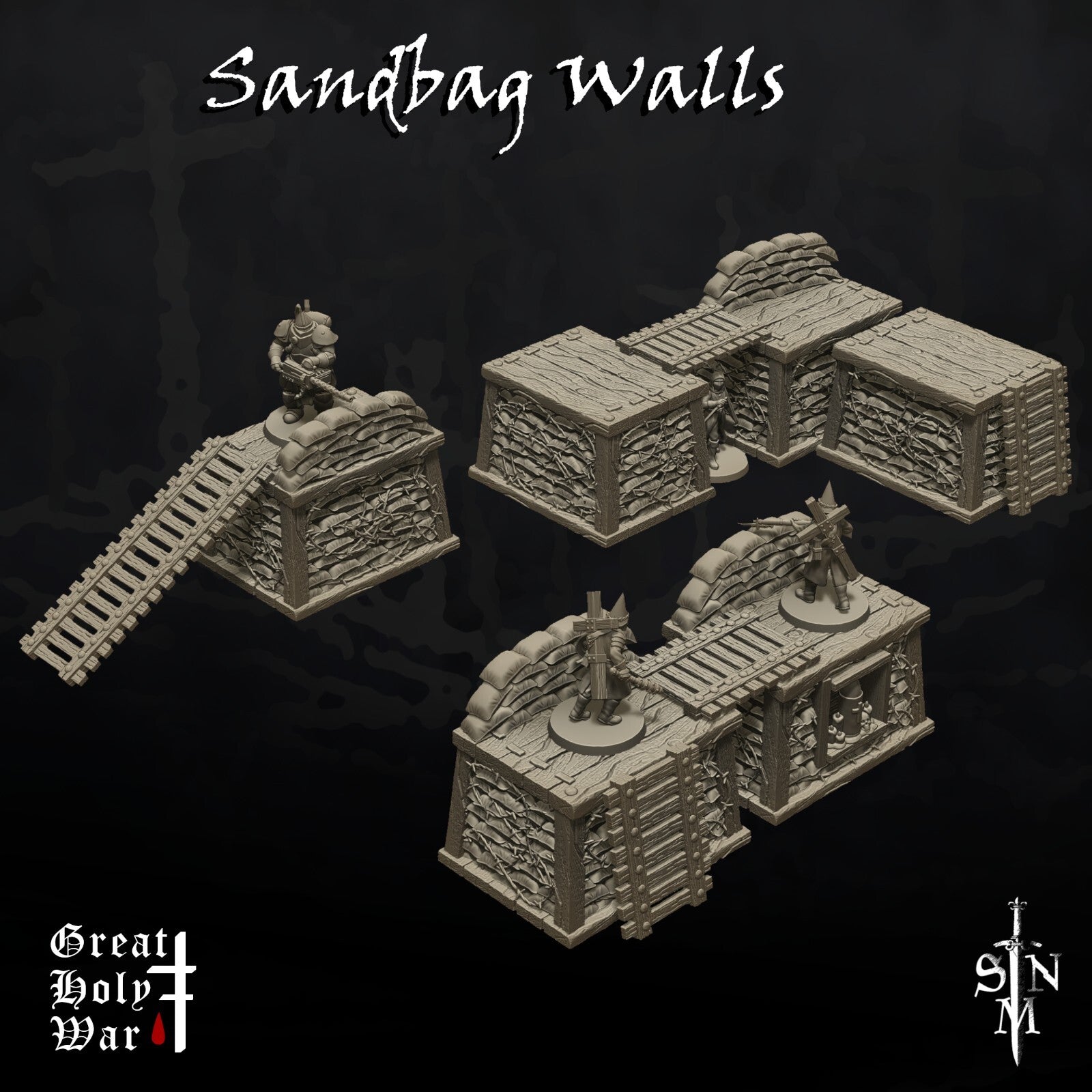 Sandbag and Barbed Wire Walls - Trench Crusade Terrain -  Grimdark Barricade