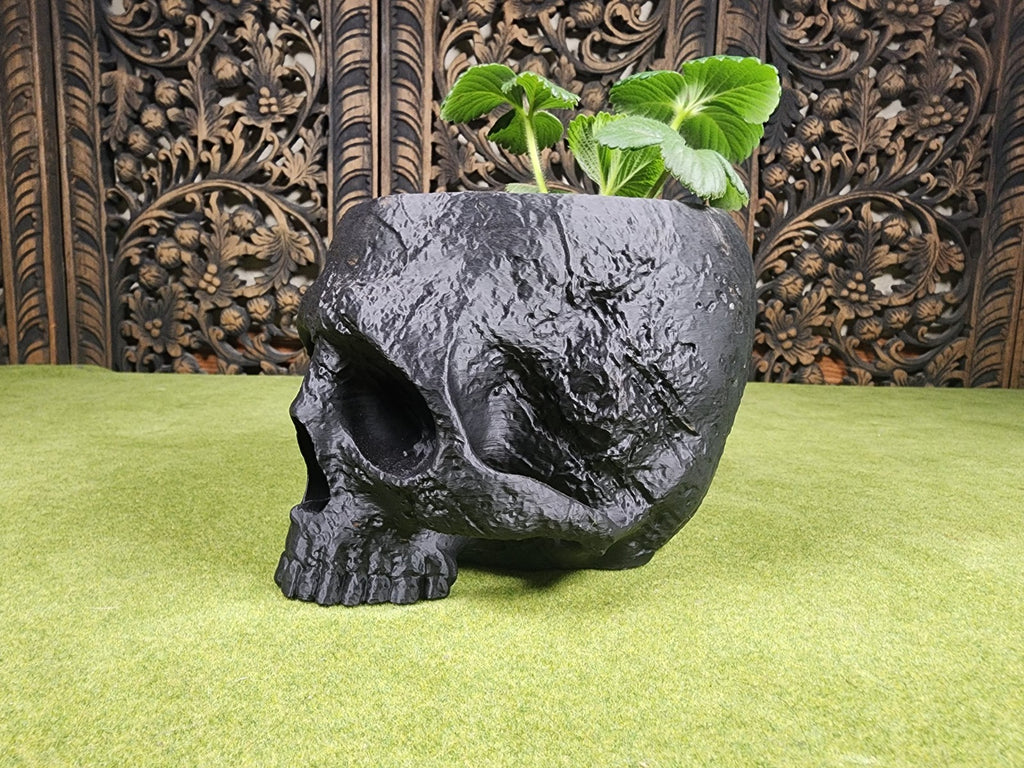 3D Printed Stone Skull Garden Planter - Stone Carved Skull Planter (unpainted)