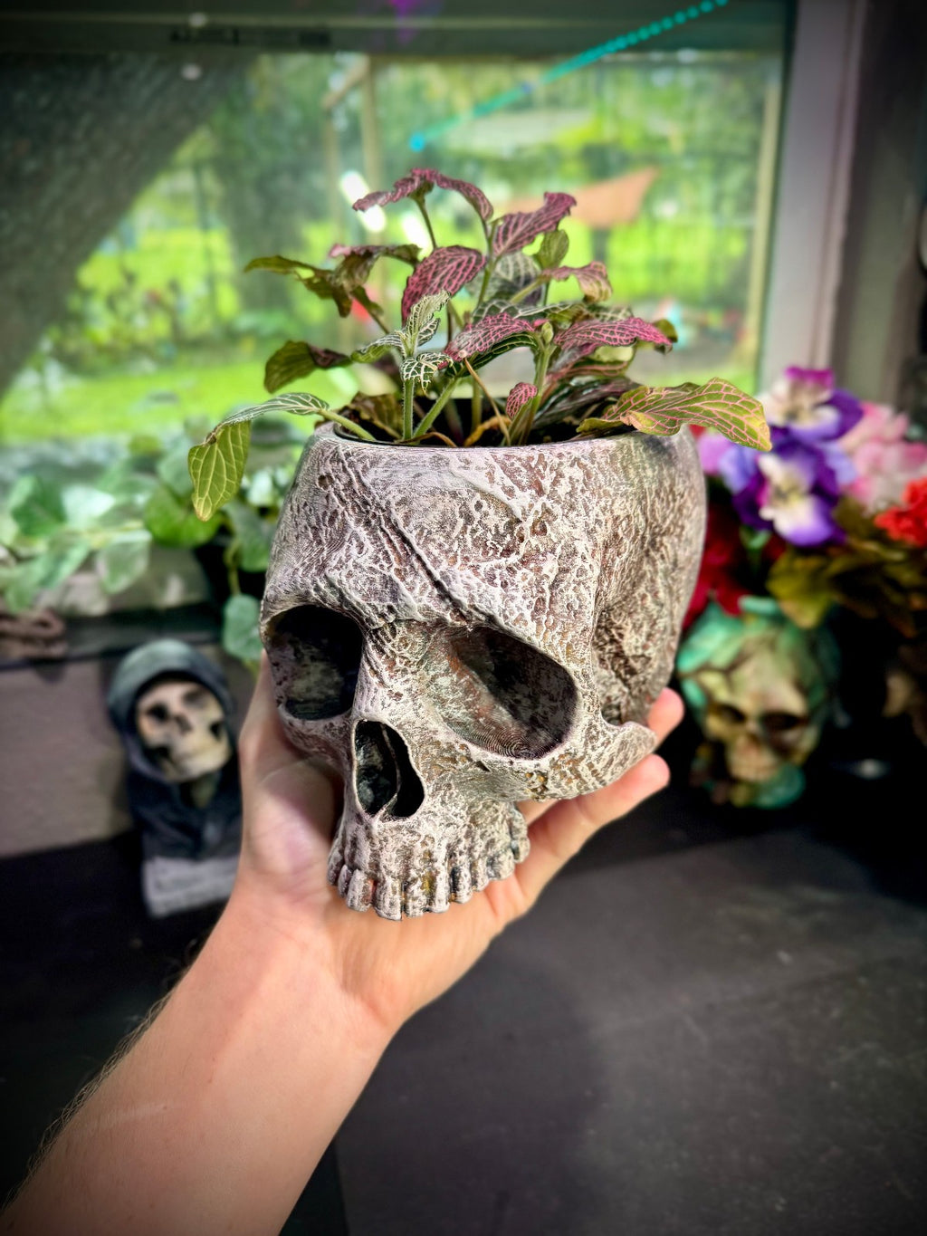 3D Printed Stone Skull Garden Planter - Stone Carved Skull Planter (unpainted)
