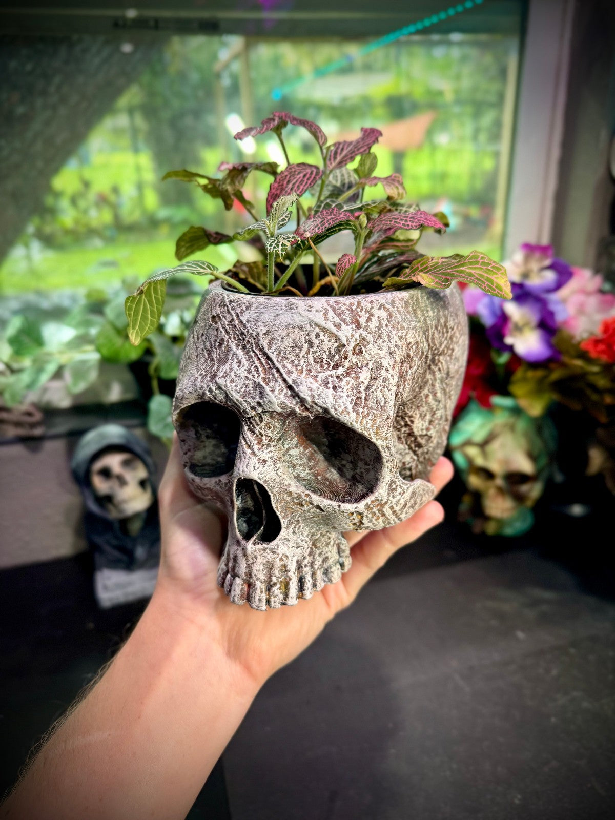 3D Printed Stone Skull Garden Planter - Stone Carved Skull Planter (unpainted)