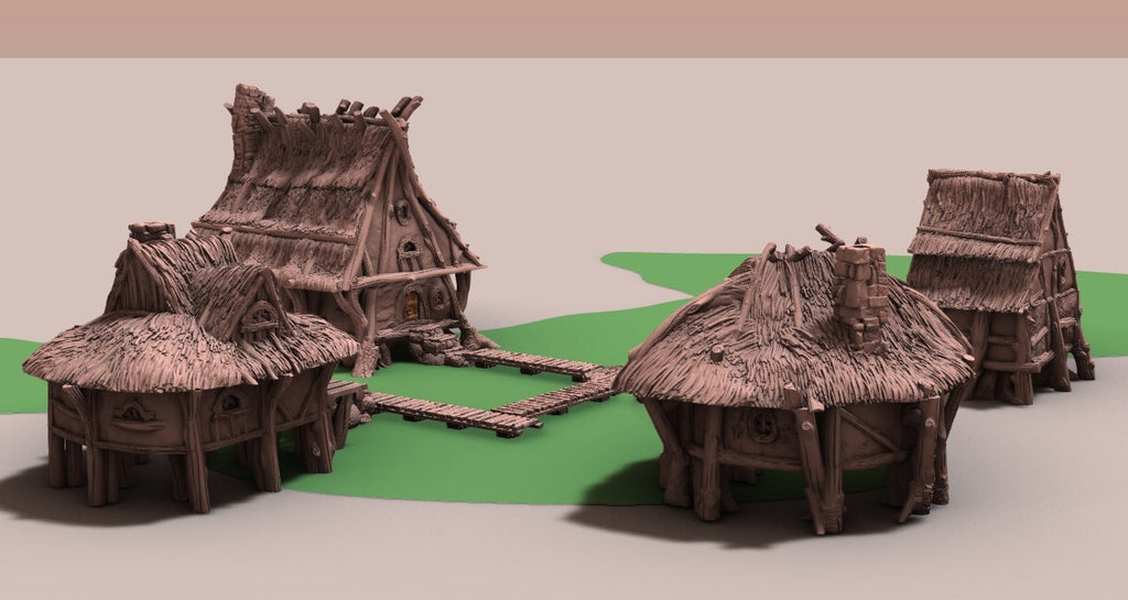 Halfling Swamp Village with Wood Plank Walkway - Thatch Huts Hamlet -