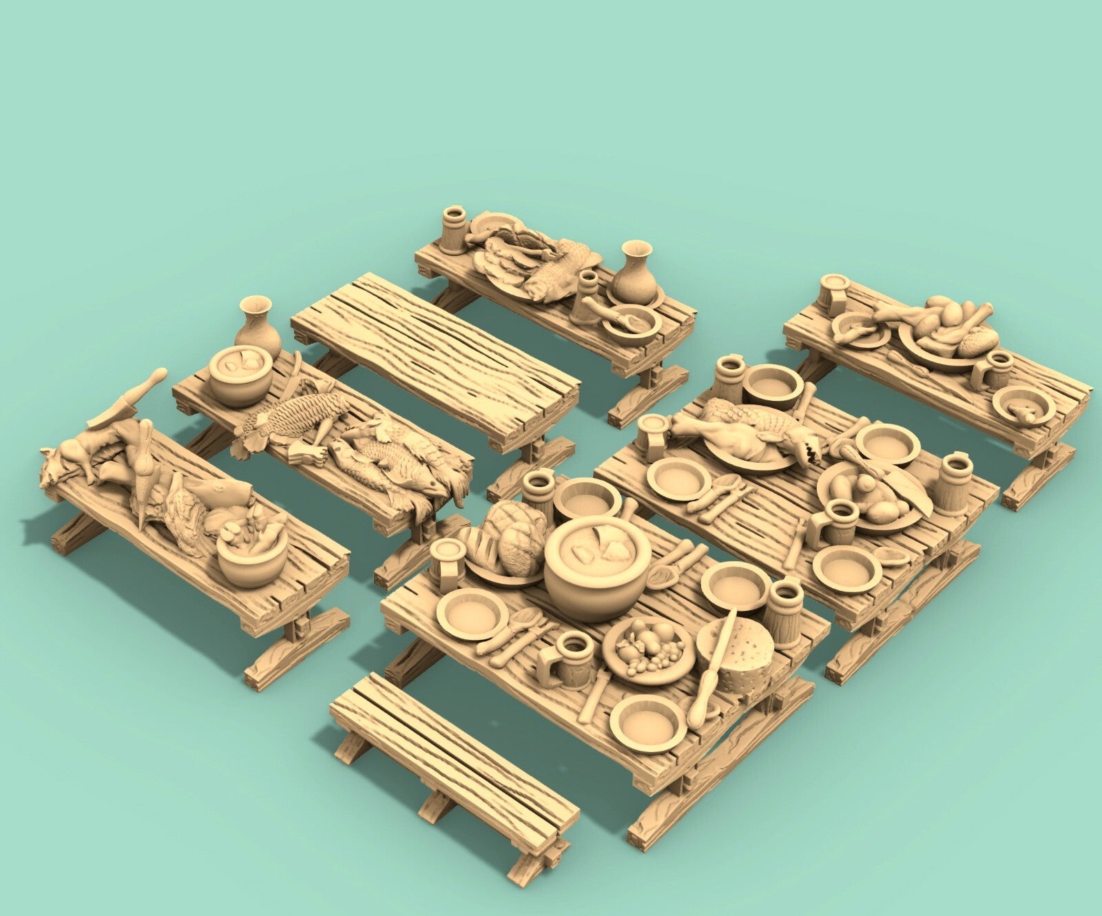 Common Interior Set - Kitchen Food Racks - Timber Tables Cotts Beds Armory