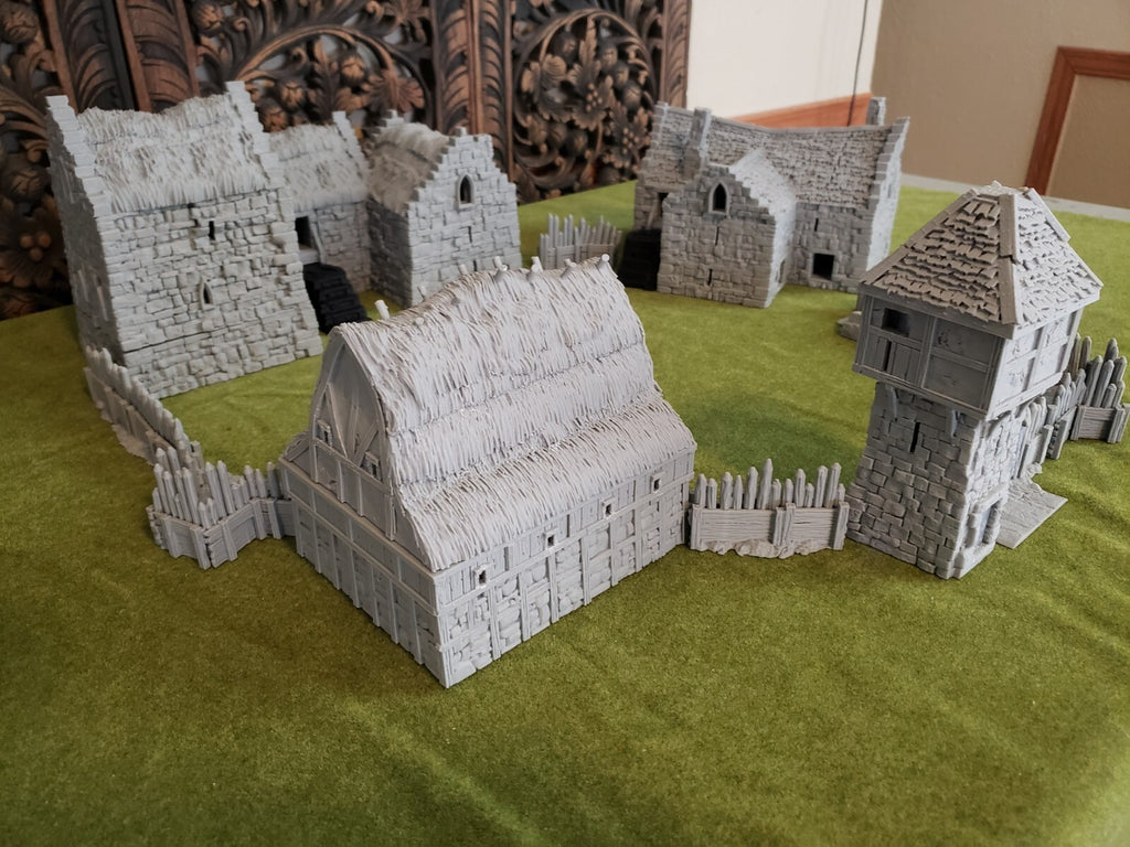 Manor Houses, Guard Tower, and Barn - Medieval Hamlet Terrain - Fantasy Village