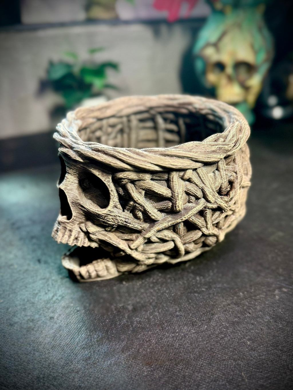 3D Printed Skull Style Weaved Basket - Decorative Desk Topper (unpainted)