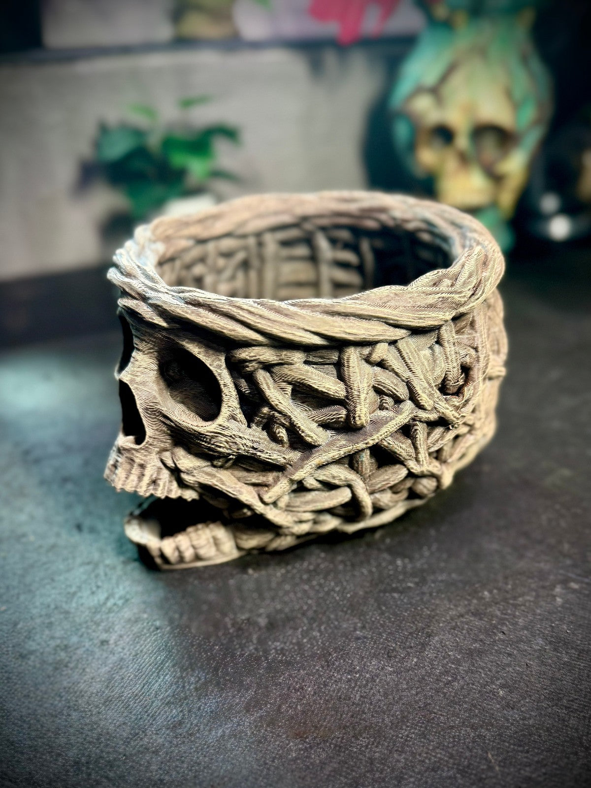 3D Printed Skull Style Weaved Basket - Decorative Desk Topper (unpainted)