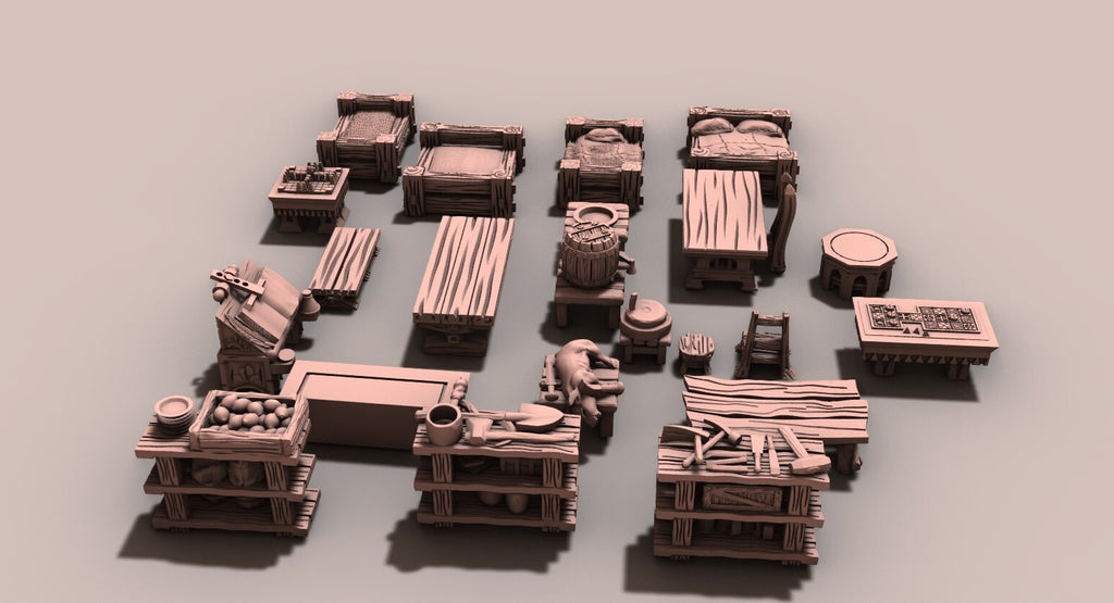Halfling Furniture Set - Dwarven Tables - Wood Pieces - Mini Decor for Buildings