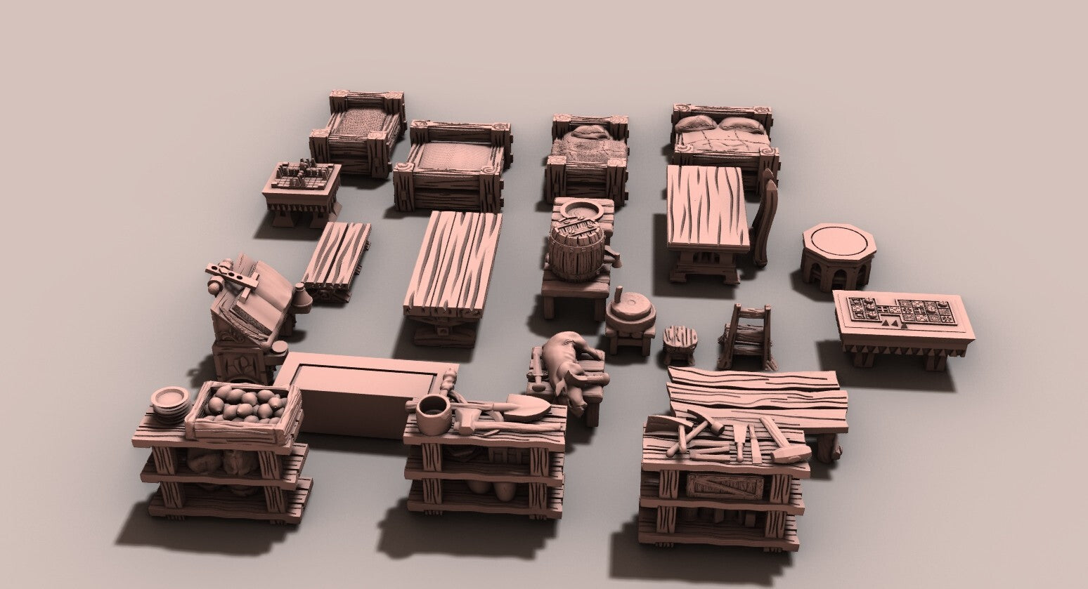 Halfling Furniture Set - Dwarven Tables - Wood Pieces - Mini Decor for Buildings