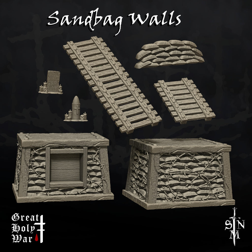 Sandbag and Barbed Wire Walls - Trench Crusade Terrain -  Grimdark Barricade
