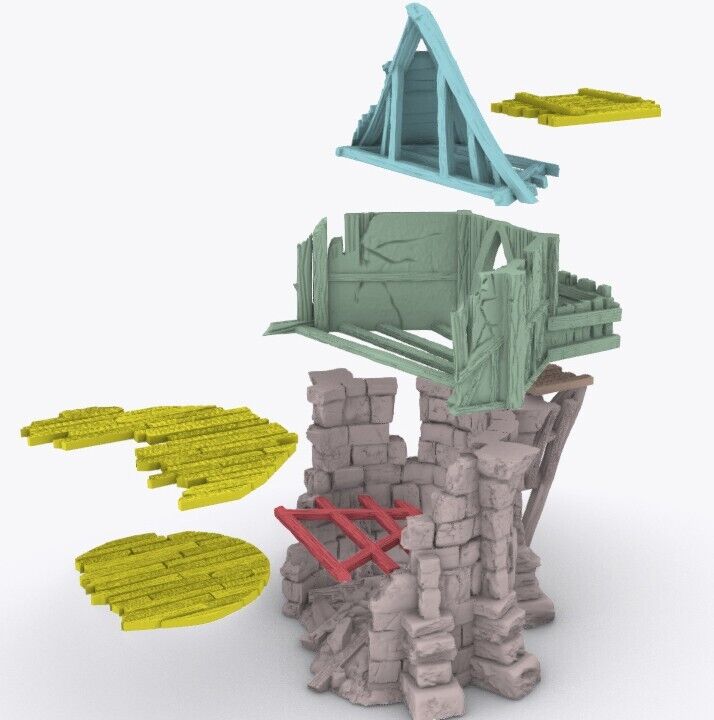 Ruined Tower with Porch - Fractured Building -Damaged Wooden and Stone Structure