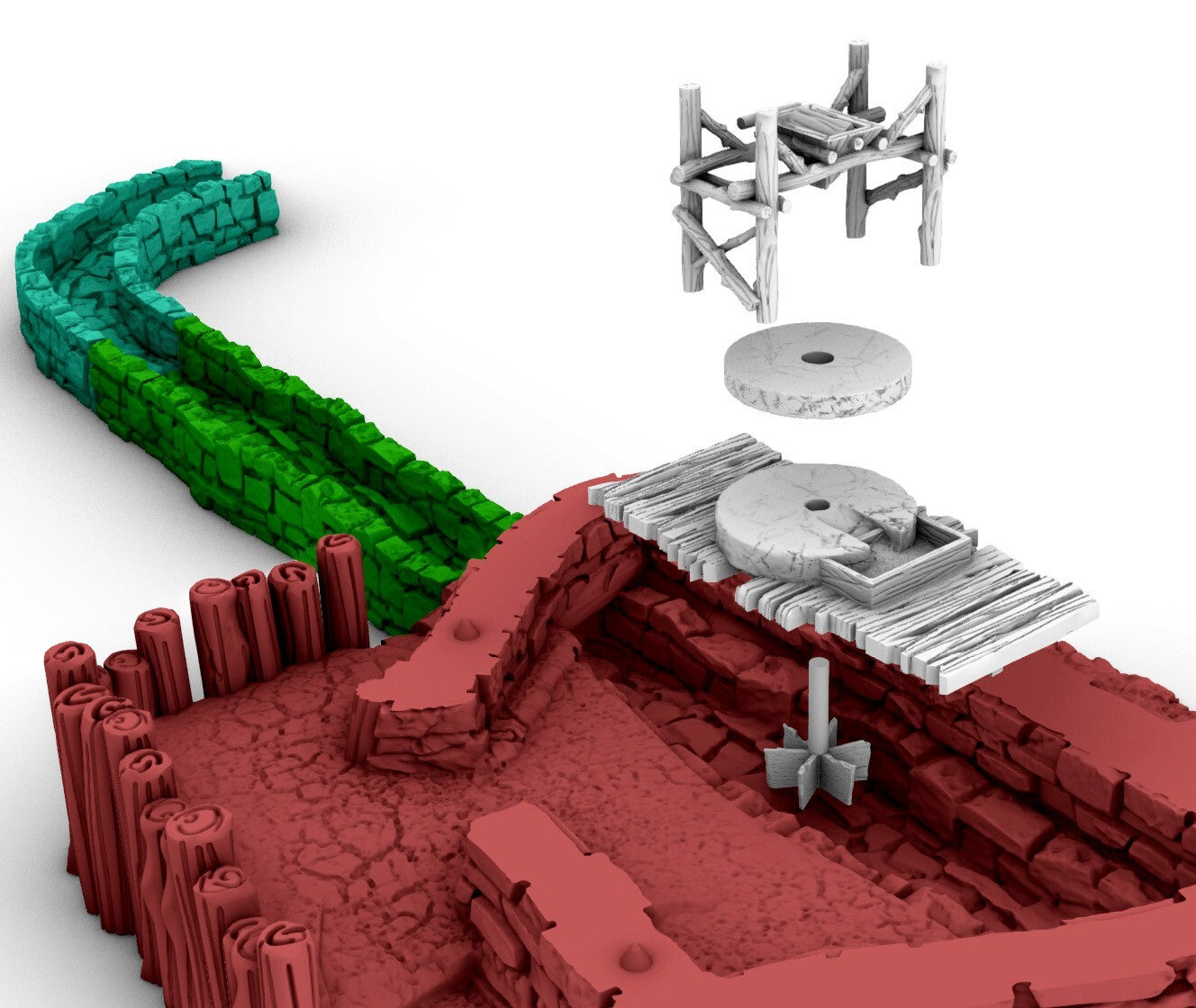 Primitive Mill and Watch Tower Terrain - Outpost with adjoined Stone Walls
